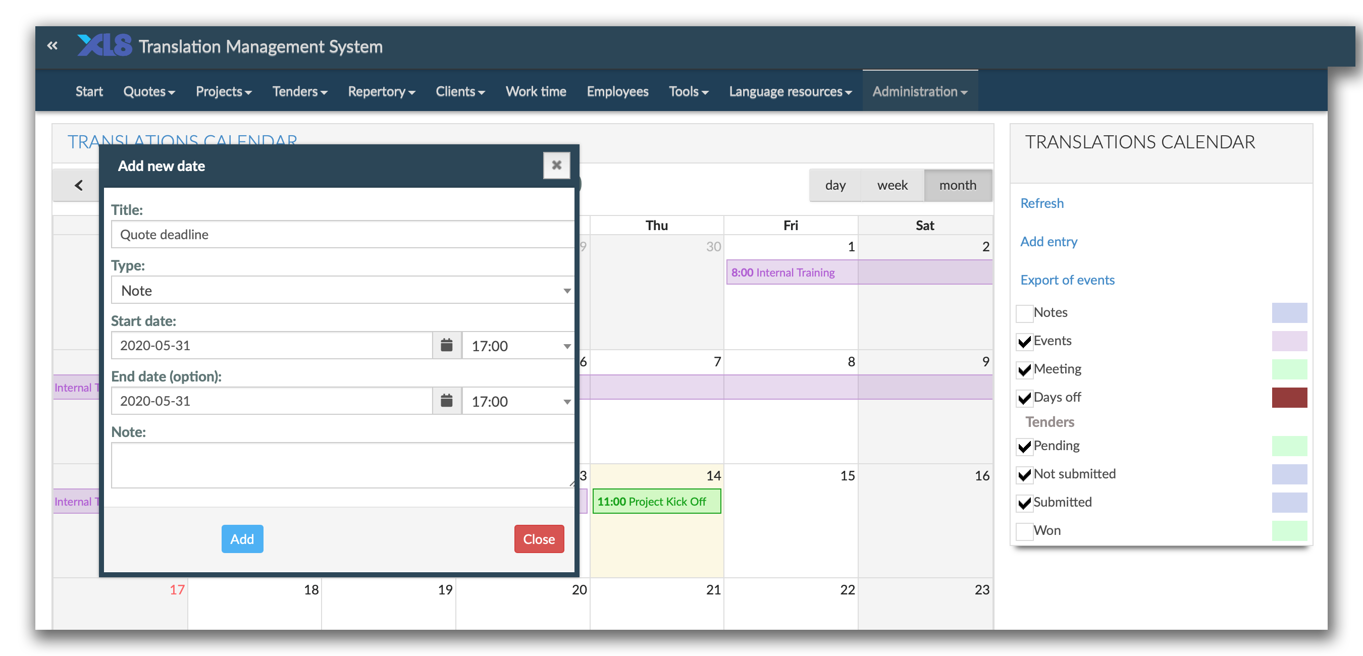 XL8 TMS — kalendarz / calendar